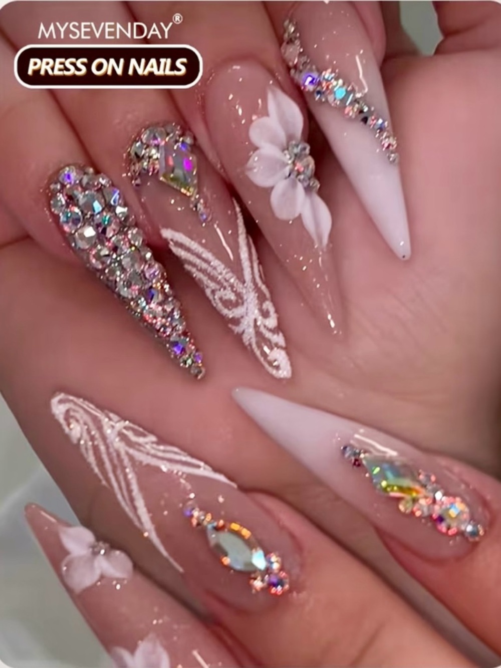 MYSEVENDAY Nude Pink Rhinestone & Floral Press-On Nails - 24 PCS